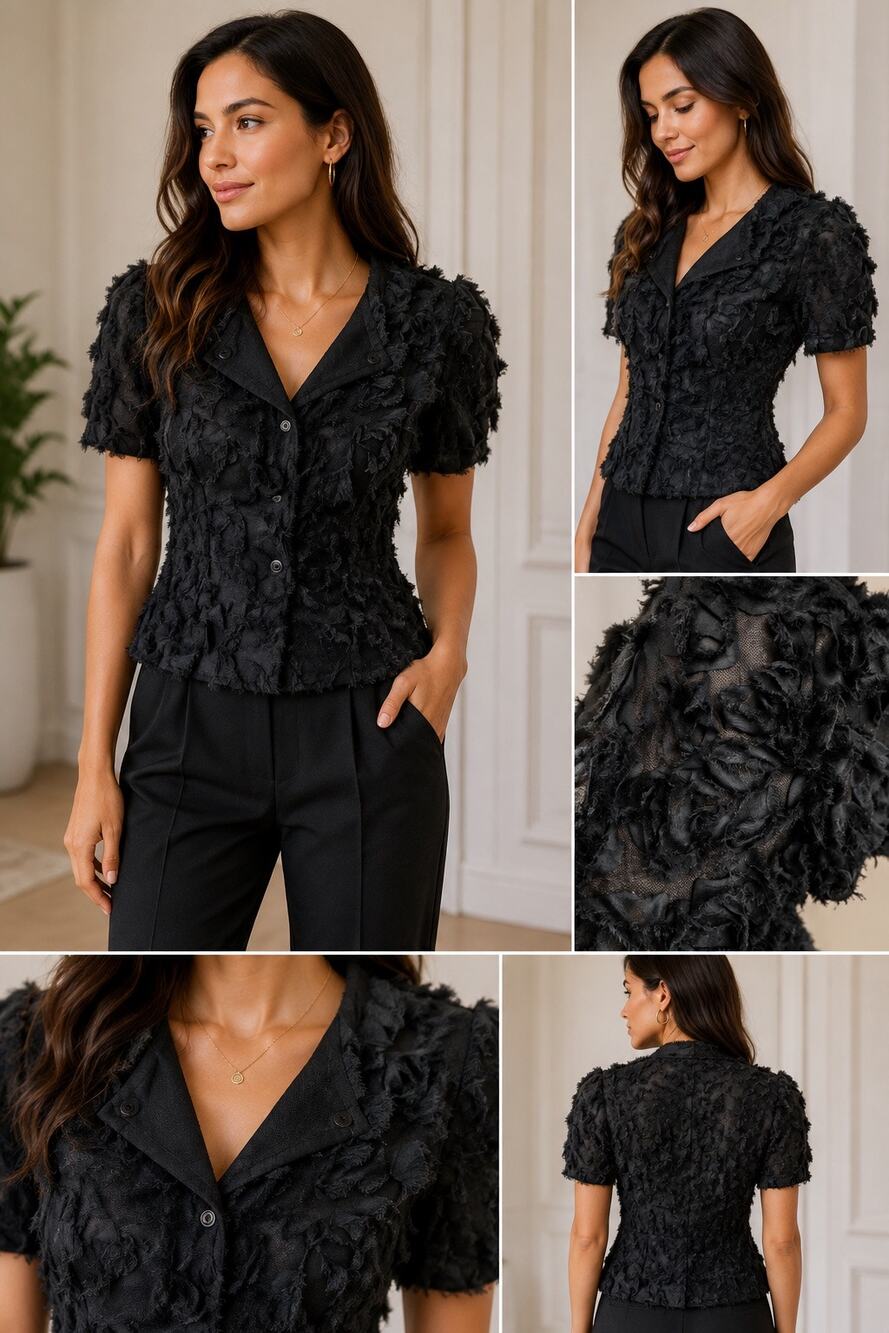 Piazza Sempione Black Textured Fringe Snap Front Jacket S/S Italy Size 38 US 2